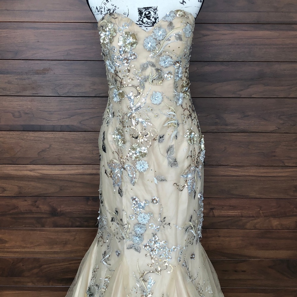 Floor length Mermaid Gold Silver Beaded Gown